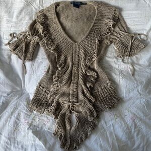 Ralph Lauren Beige Linen Ruffle Knit Top Size M